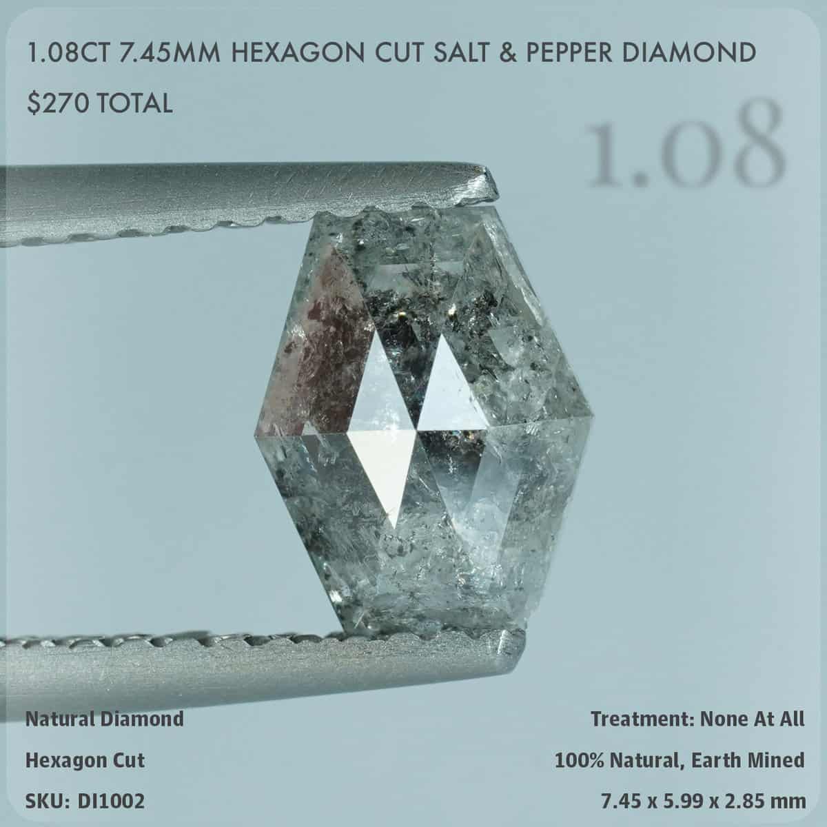 1.08CT 7.45mm Hexagon Cut Salt & Pepper Diamond