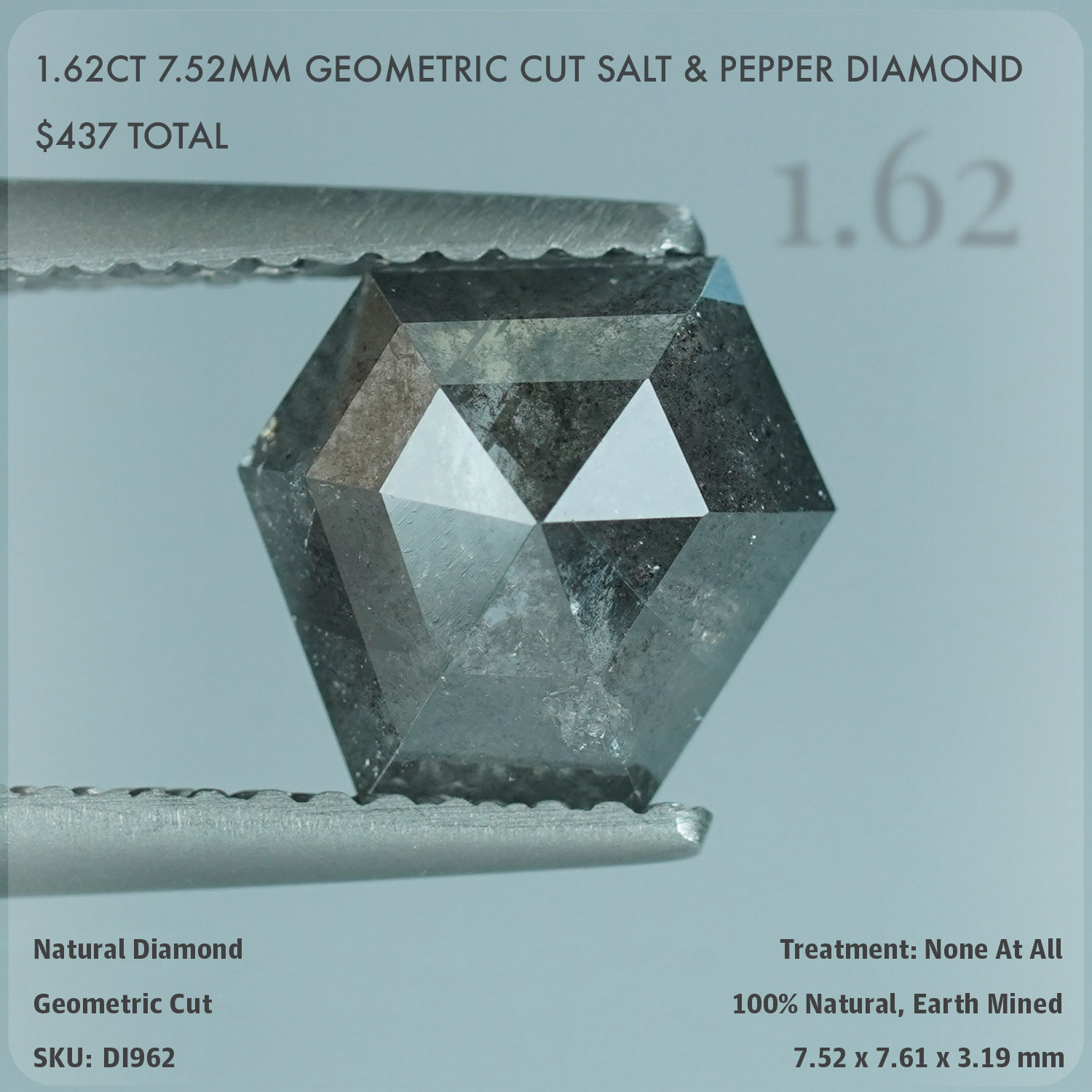 1.62CT 7.52mm Geometric Cut Salt & Pepper Diamond