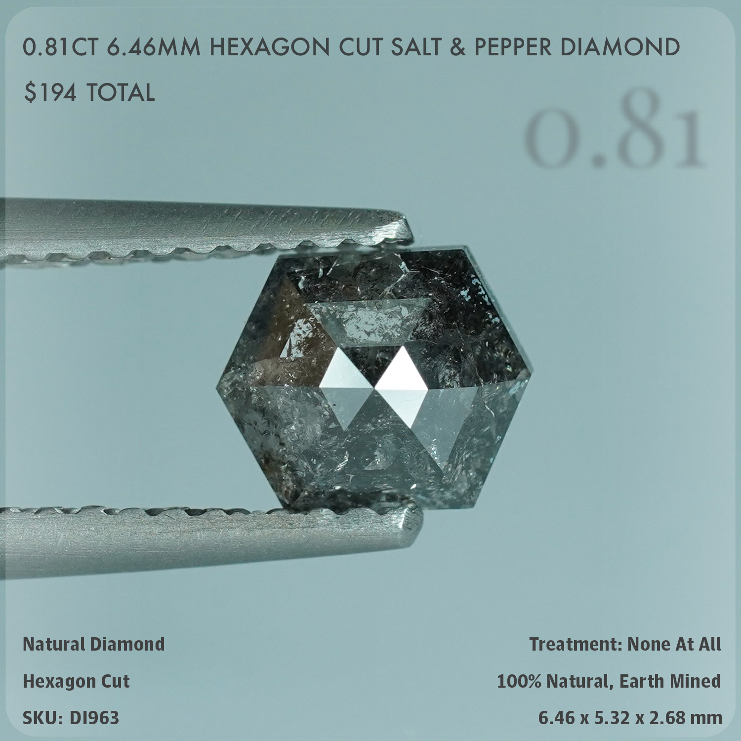 0.81CT 6.46mm Hexagon Cut Salt & Pepper Diamond