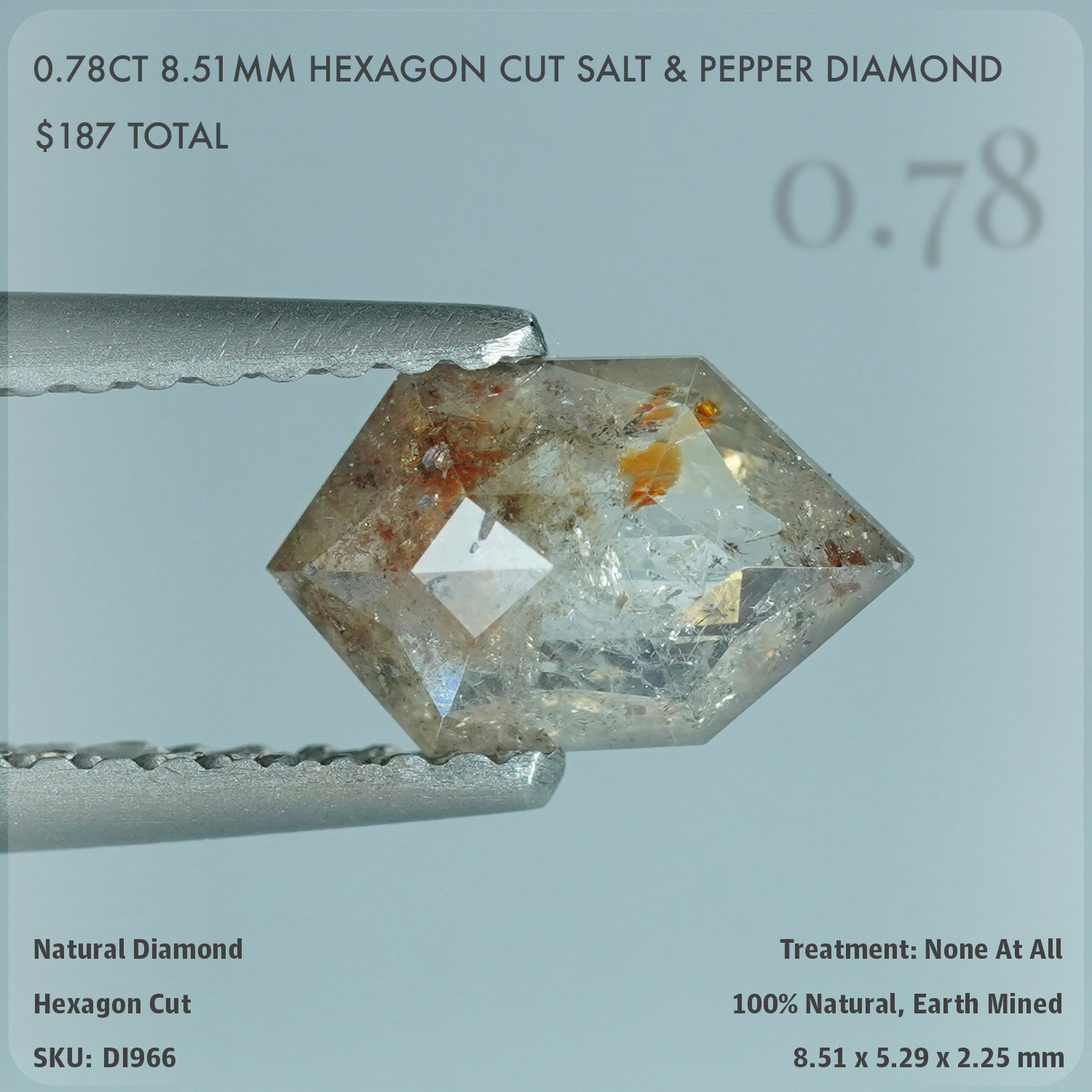 0.78CT 8.51mm Hexagon Cut Salt & Pepper Diamond