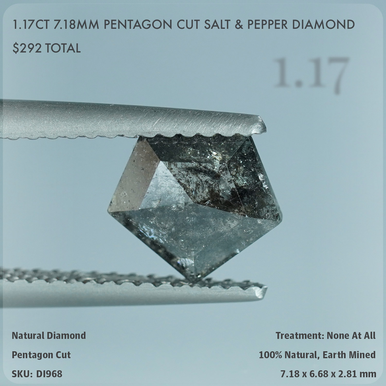 1.17CT 7.18mm Pentagon Cut Salt & Pepper Diamond