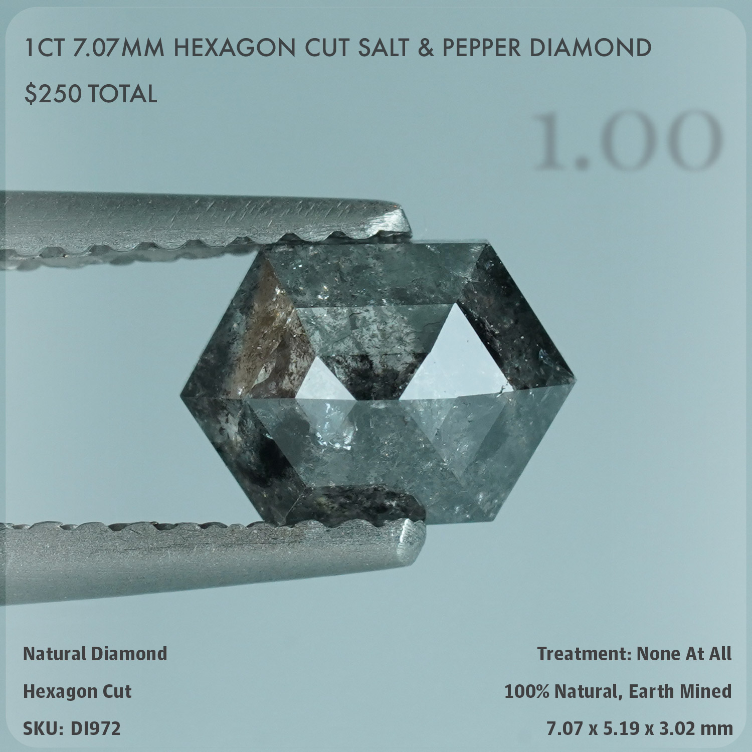 1CT 7.07mm Hexagon Cut Salt & Pepper Diamond