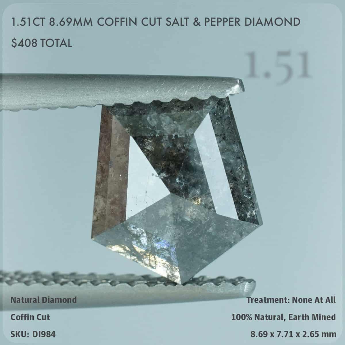 1.51CT 8.69mm Coffin Cut Salt & Pepper Diamond