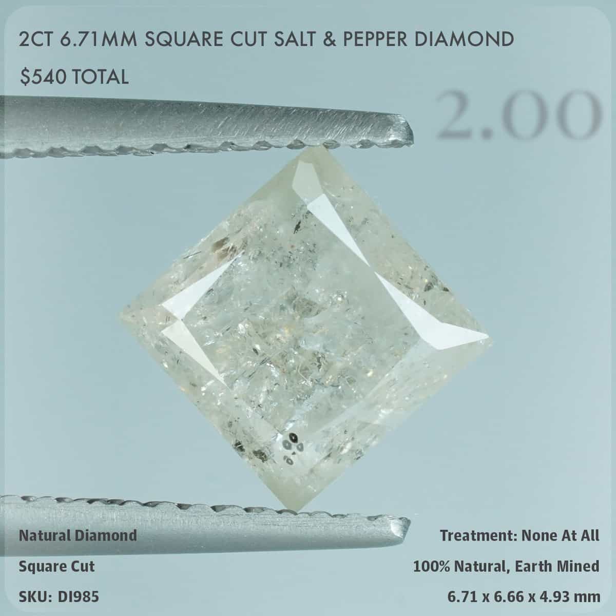 2CT 6.71mm Square Cut Salt & Pepper Diamond