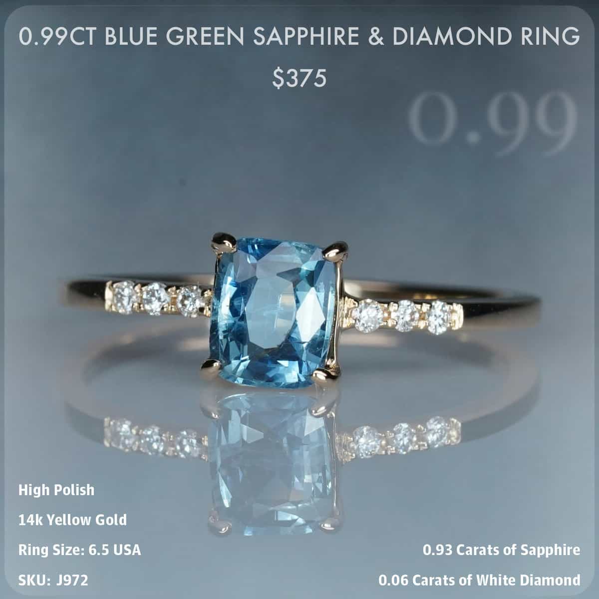 0.99CT Blue Green Sapphire & Diamond Ring