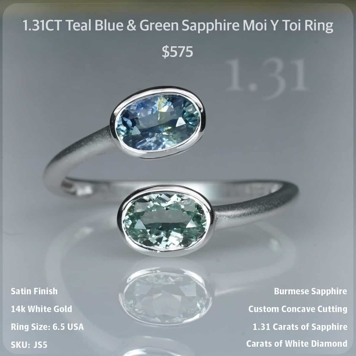1.31CT Teal Blue & Green Sapphire Moi Y Toi Ring