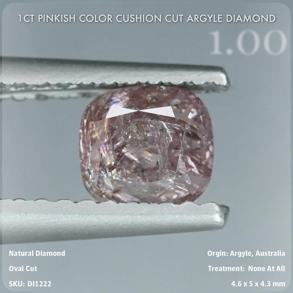 1CT Pinkish Color Cushion Cut Argyle Diamond