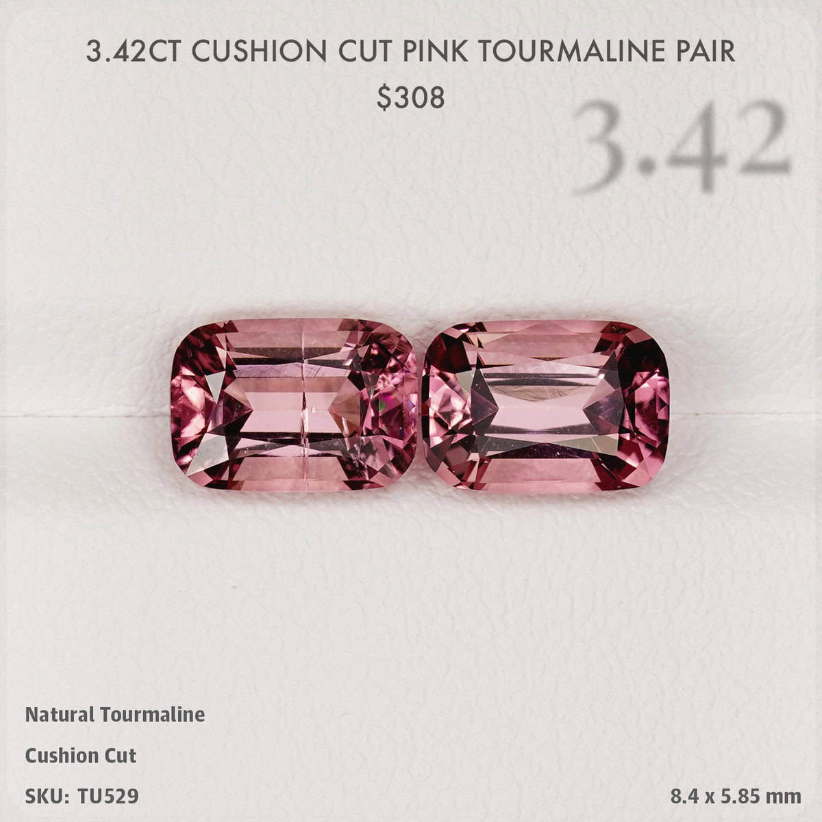 3.42CT Cushion Cut Pink Tourmaline Pair