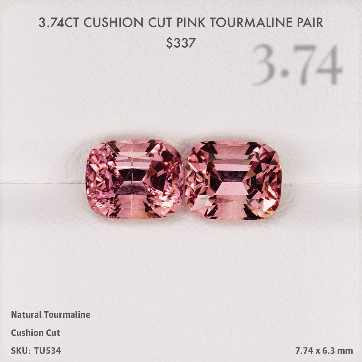 3.74CT Cushion Cut Pink Tourmaline Pair
