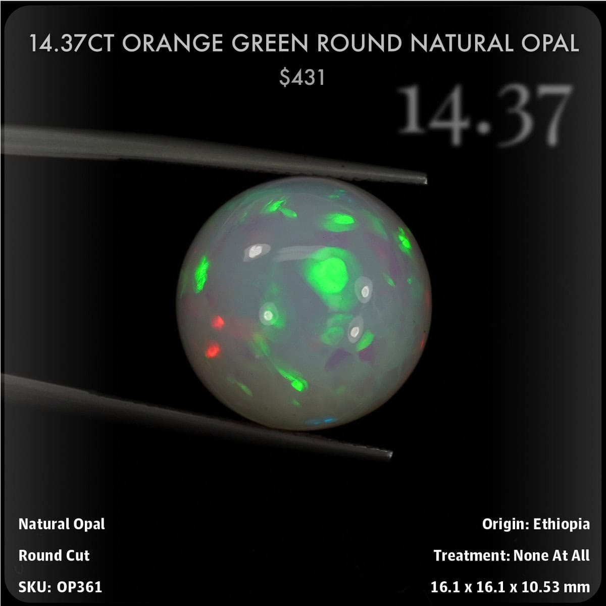 14.37CT Orange Green Round Natural Opal