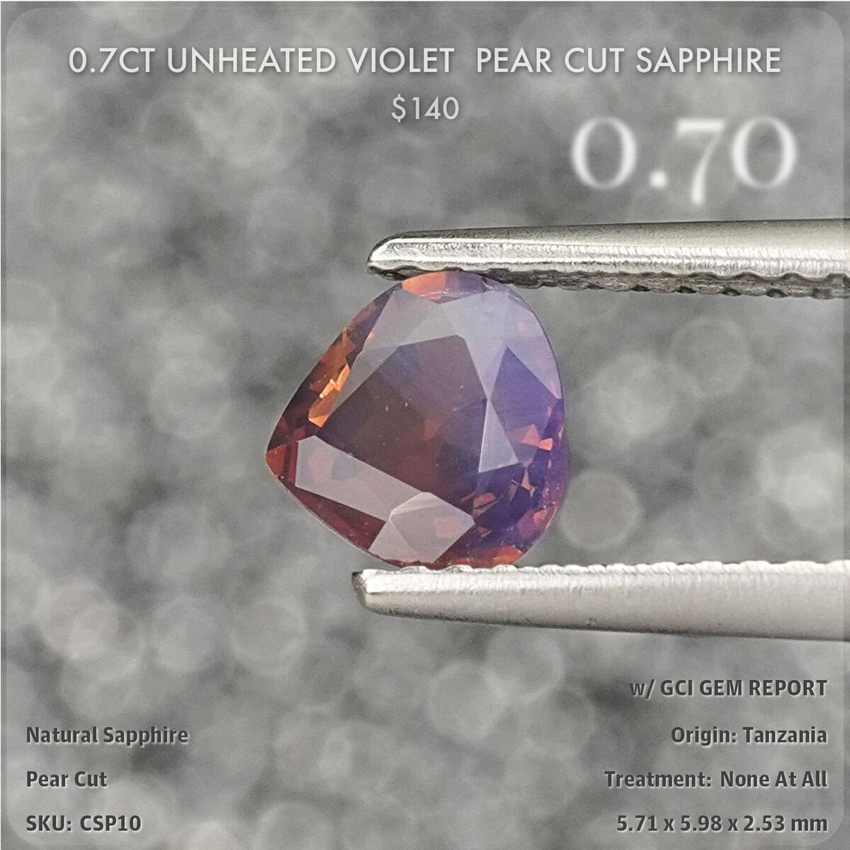 0.7CT Unheated Violet  Pear Cut Sapphire