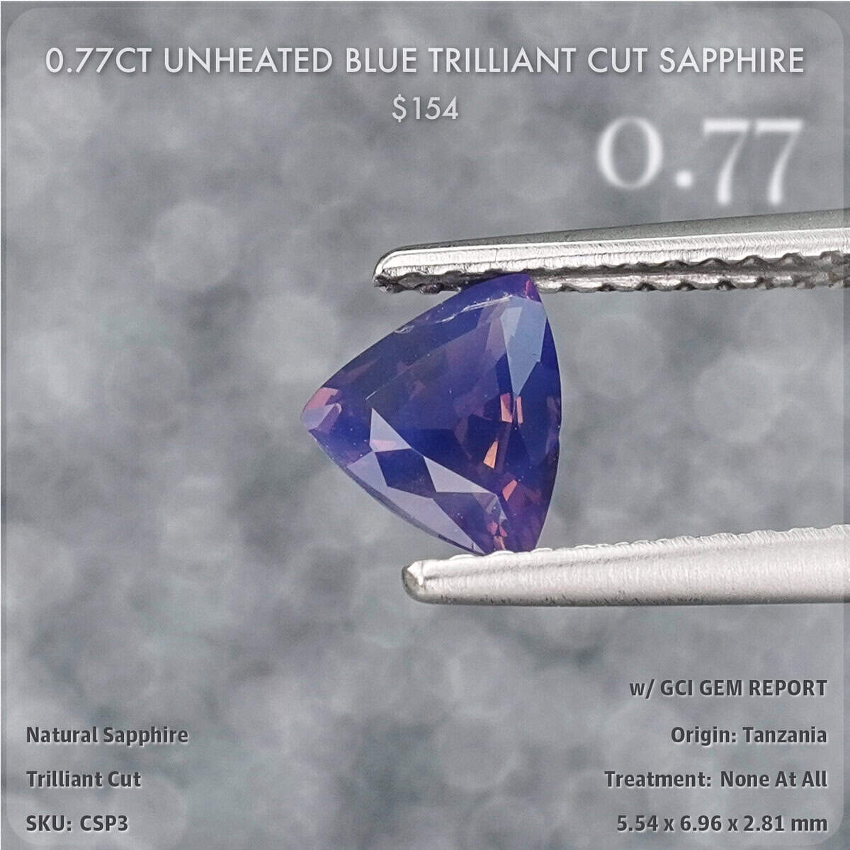 0.77CT Unheated Blue Trilliant Cut Sapphire