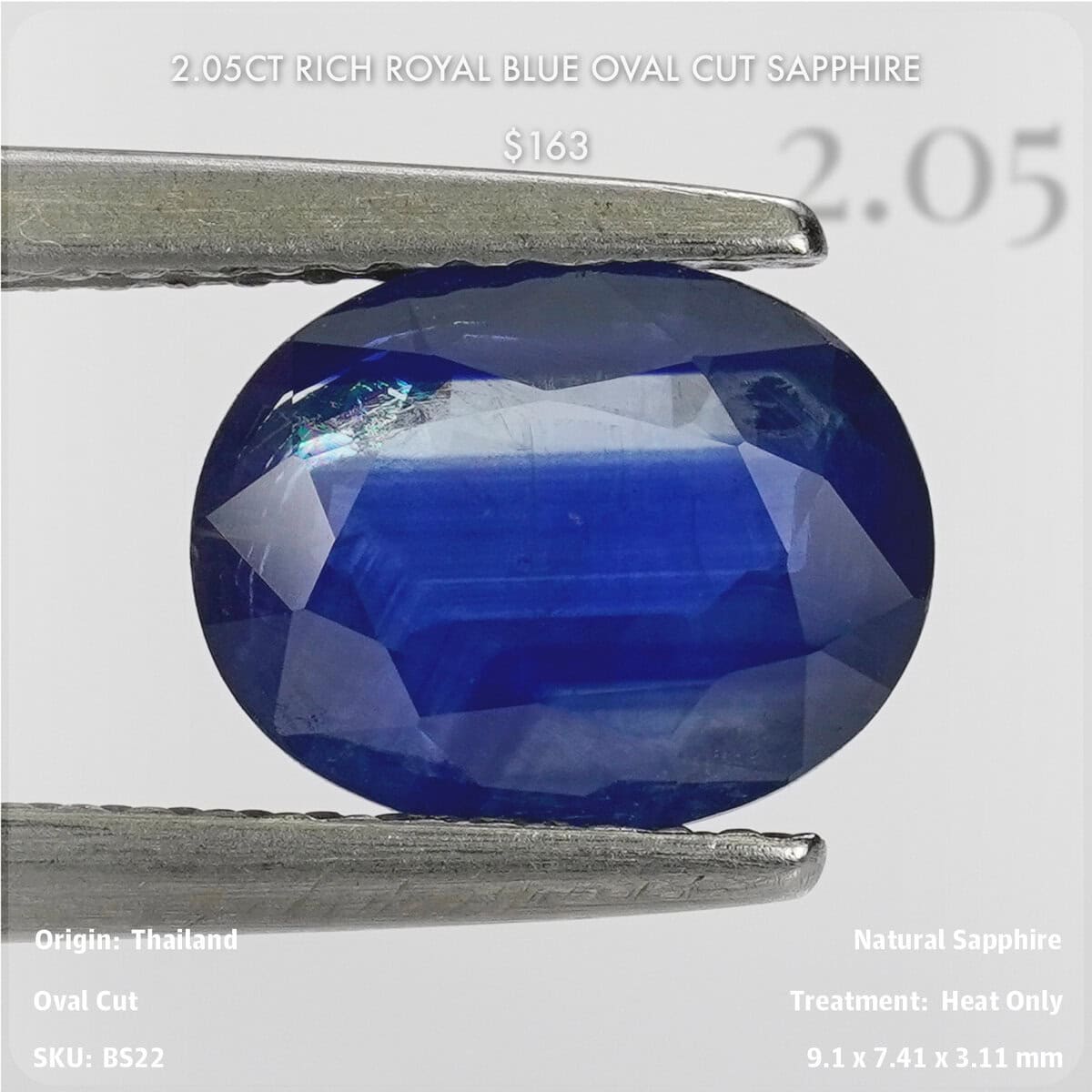 2.05CT Rich Royal Blue Oval Cut Sapphire