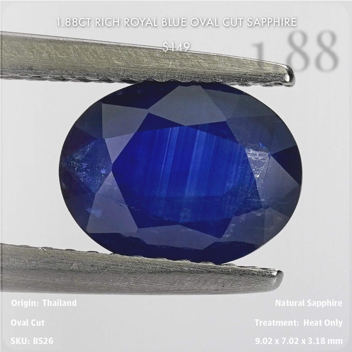 1.88CT Rich Royal Blue Oval Cut Sapphire