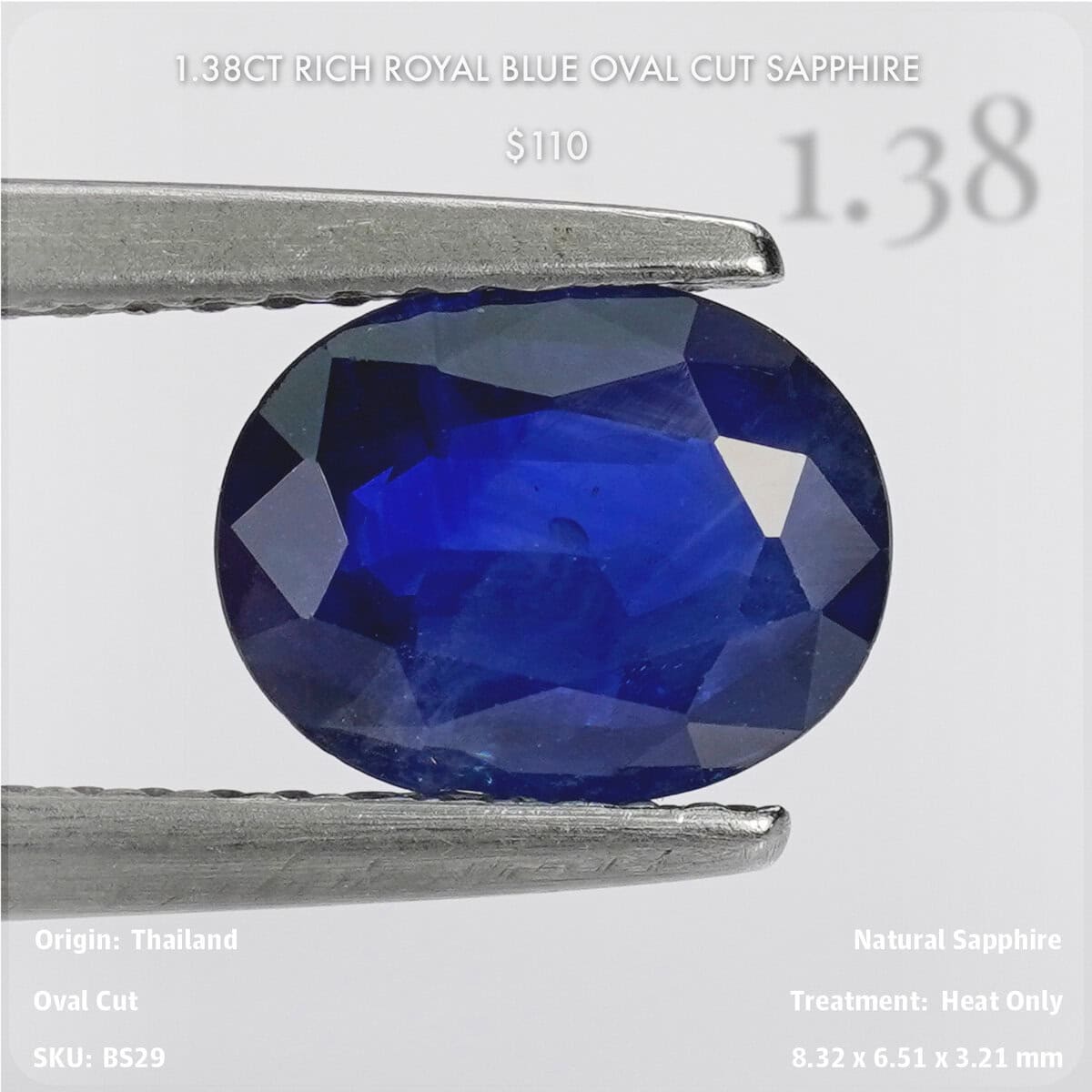 1.38CT Rich Royal Blue Oval Cut Sapphire