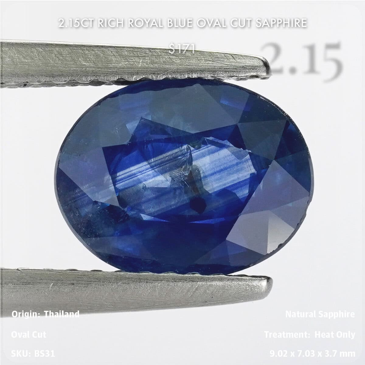 2.15CT Rich Royal Blue Oval Cut Sapphire