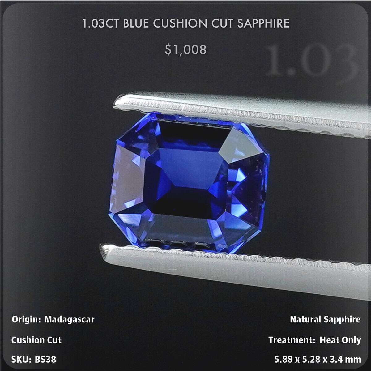 1.03CT Blue Cushion Cut Sapphire
