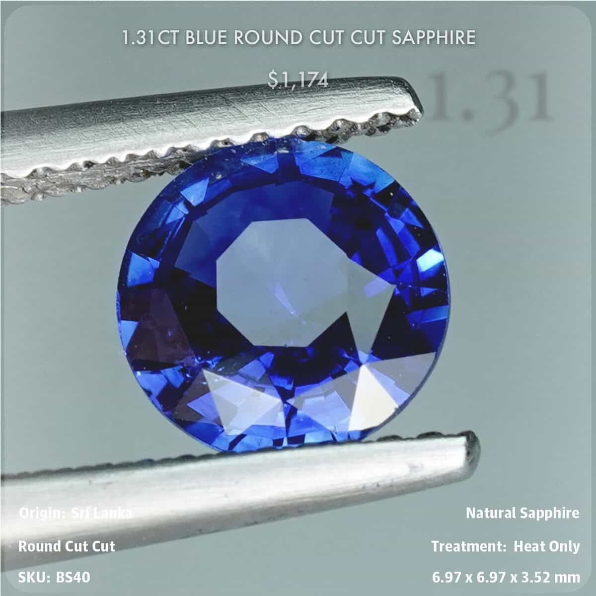 1.31CT Blue Round Cut Cut Sapphire