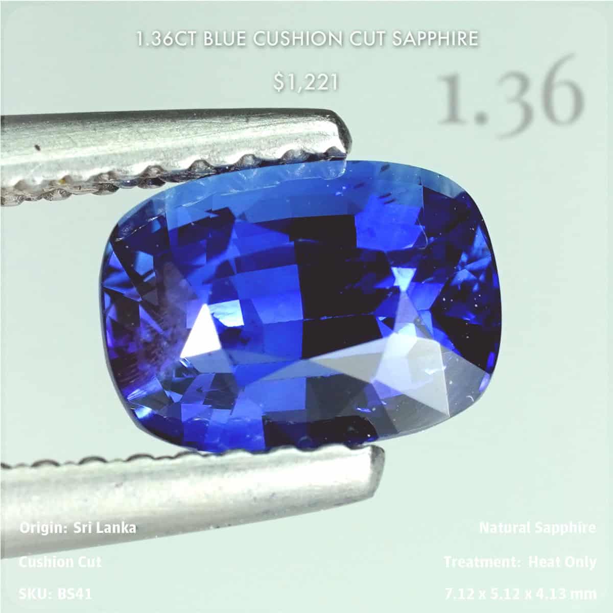 1.36CT Blue Cushion Cut Sapphire