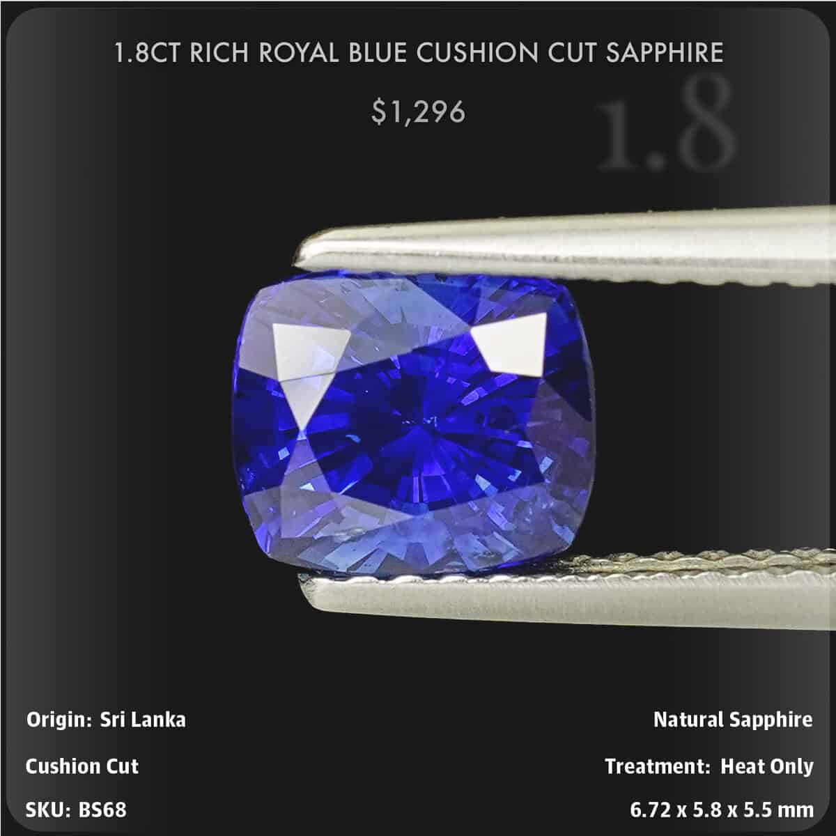 1.8CT Rich Royal Blue Cushion Cut Sapphire
