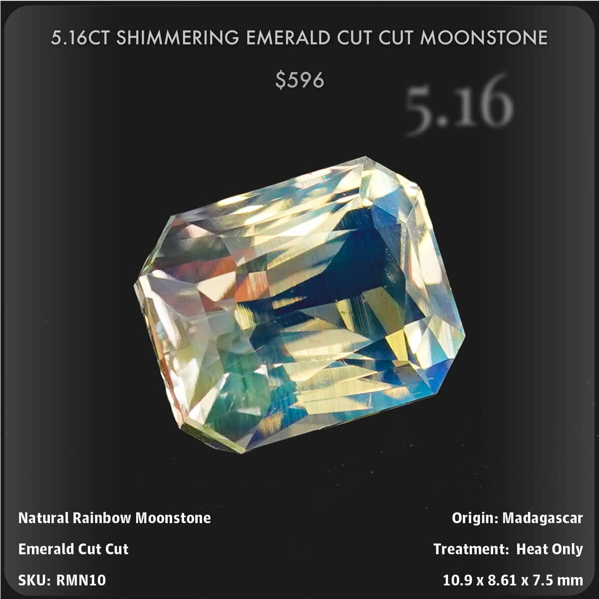 5.16CT SHIMMERING EMERALD CUT CUT MOONSTONE