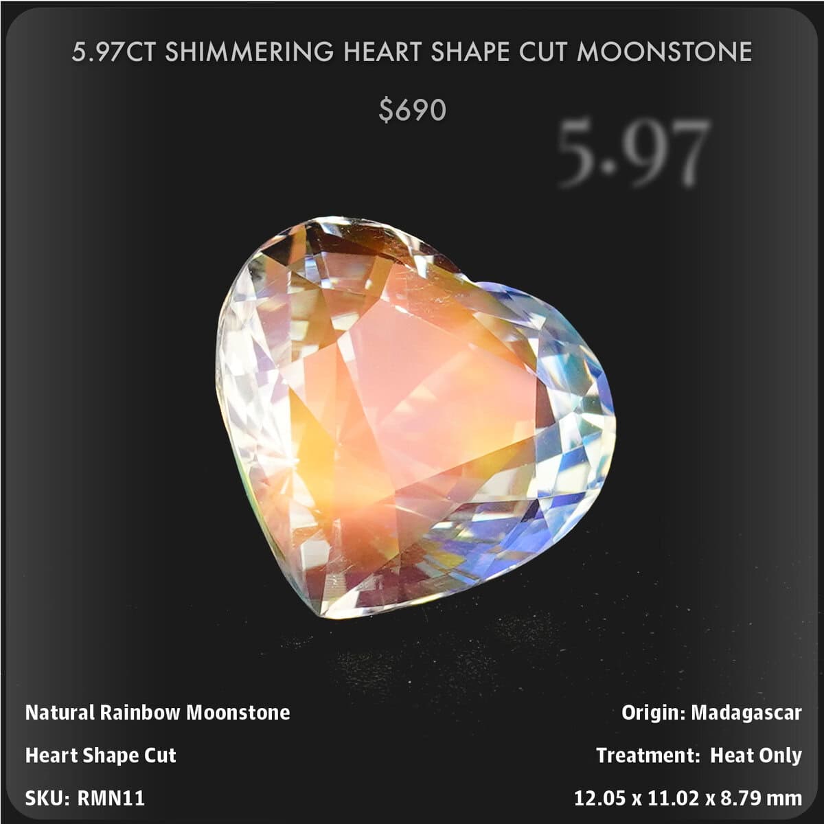 5.97CT SHIMMERING HEART SHAPE CUT MOONSTONE