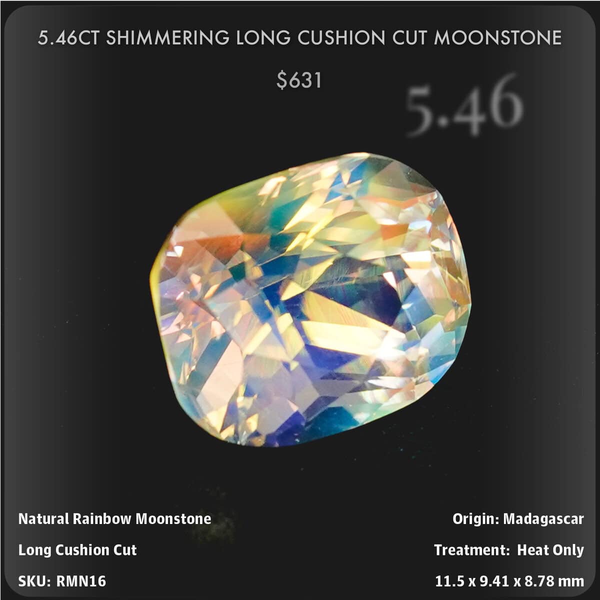 5.46CT SHIMMERING LONG CUSHION CUT MOONSTONE