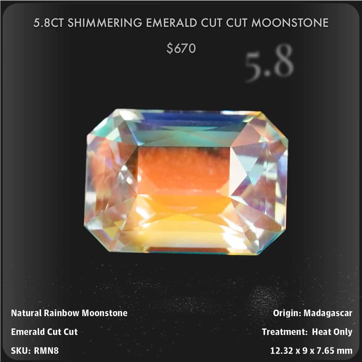 5.8CT SHIMMERING EMERALD CUT CUT MOONSTONE