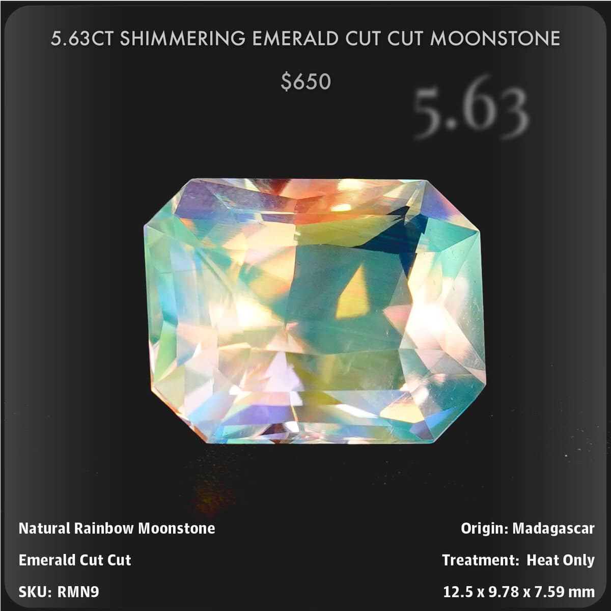 5.63CT SHIMMERING EMERALD CUT CUT MOONSTONE